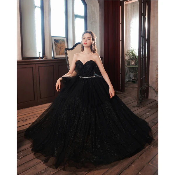 Charming Black Sequins Prom Dresses 2022 A-Line / Princess Organza Strapless Sleeveless Backless Rhinestone Sash Floor-Length / Long Prom Formal Dresses