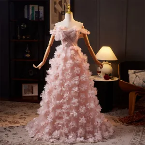 Luksus Rødmende Rosa Beading Appliques Ballkjoler 2025 Prinsesse Av Skulderen Uten Ermer Ryggløse Lange Ball Formelle Kjoler