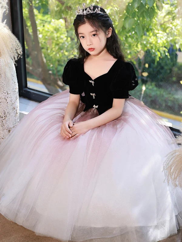 Chic / Beautiful Black Suede Birthday Flower Girl Dresses 2022 Ball Gown Square Neckline Rhinestone Bow Puffy Short Sleeve Floor-Length / Long Flower Girl Dresses