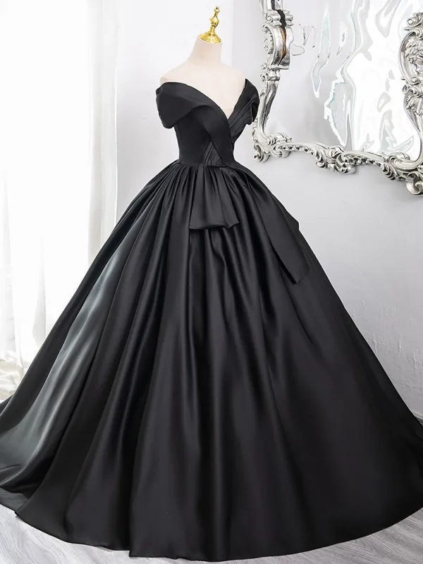 Elegant Black Satin Prom Dresses 2024 Ball Gown Off-The-Shoulder Sleeveless Backless Floor-Length / Long Prom Formal Dresses