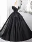 Elegant Black Satin Prom Dresses 2024 Ball Gown Off-The-Shoulder Sleeveless Backless Floor-Length / Long Prom Formal Dresses