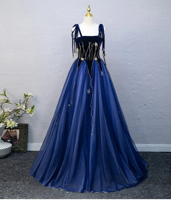 Élégant Bleu Roi Étoile Paillettes Robe De Bal 2025 Robe Boule Bretelles Spaghetti Sans Manches Dos Nu Longue Promo Robe De Ceremonie