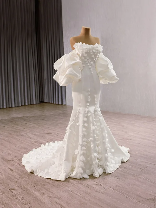 Chic Blanche Appliques Robe De Mariée 2025 Trompette / Sirène De l'épaule Gonflée Manches Courtes Dos Nu Train De Balayage Mariage