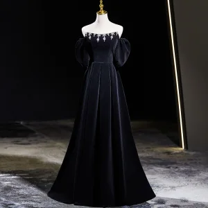 Elegant Black Velvet Rhinestone Prom Dresses 2024 A Line Princess Off The Shoulder Short Sleeve Backless Floor Length Long Prom Formal Dresses
