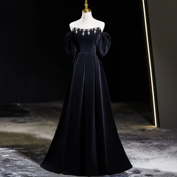 Elegante Schwarz Samt Strass Ballkleider 2024 A Linie Off Shoulder Kurze Ärmel Rückenfreies Lange Ball Festliche Kleider