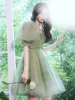 Modest / Simple Sage Green Short Homecoming Graduation Dresses 2024 A-Line / Princess Off-The-Shoulder Short Sleeve Backless Formal Dresses