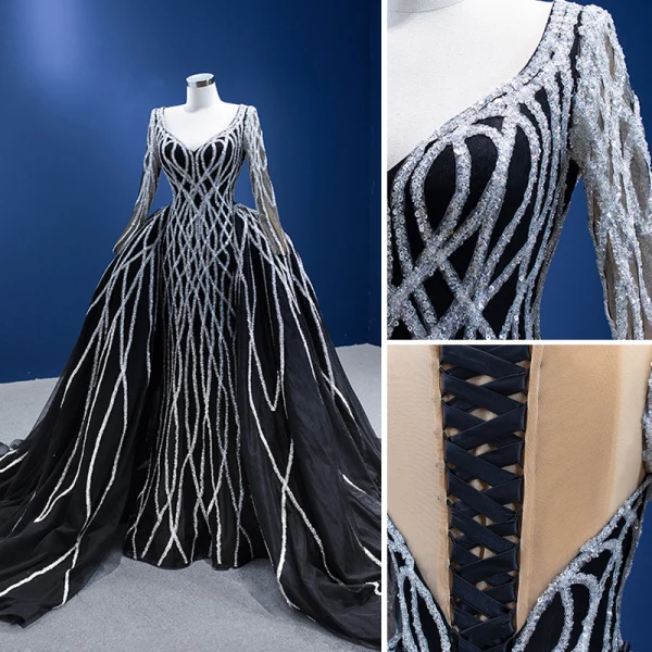 High-end Black Handmade  Beading Sequins Evening Dresses 2022 Trumpet / Mermaid V-Neck Long Sleeve Floor-Length / Long Evening Party Formal Dresses