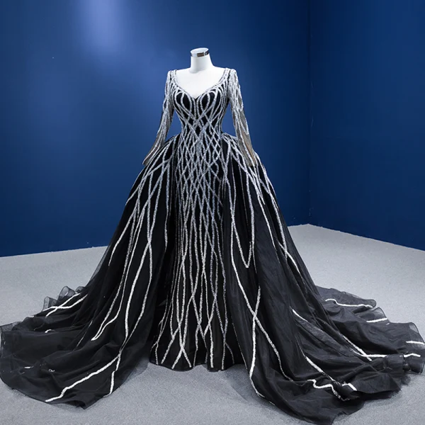 High-end Black Handmade  Beading Sequins Evening Dresses 2022 Trumpet / Mermaid V-Neck Long Sleeve Floor-Length / Long Evening Party Formal Dresses