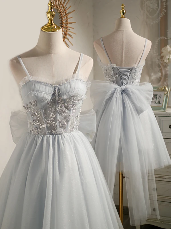 Fashion Grey Birthday Party Dresses 2022 A-Line / Princess Spaghetti Straps Beading Pearl Sequins Sleeveless Backless Bow Floor-Length / Long Cocktail Party Formal Dresses