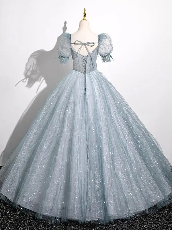 Elegant Sky Blue Beading Appliques Prom Dresses A-Line / Princess 2025 Square Neckline Short Sleeve Backless Floor-Length / Long Prom Formal Dresses