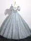 Elegant Sky Blue Beading Appliques Prom Dresses A-Line / Princess 2025 Square Neckline Short Sleeve Backless Floor-Length / Long Prom Formal Dresses