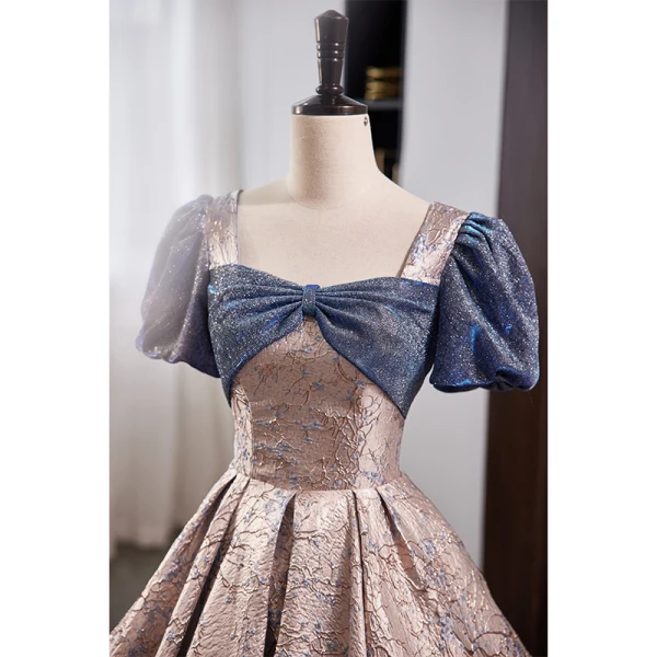 Fashion Dusky Pink Sequins Prom Dresses 2023 Ball Gown Square Neckline Bow Short Sleeve Backless Floor-Length / Long Formal Dresses