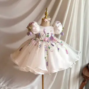 Chic Beautiful White Beading Appliques Birthday Short Flower Girl Dresses 2026 Ball Gown Scoop Neck Puffy Short Sleeve