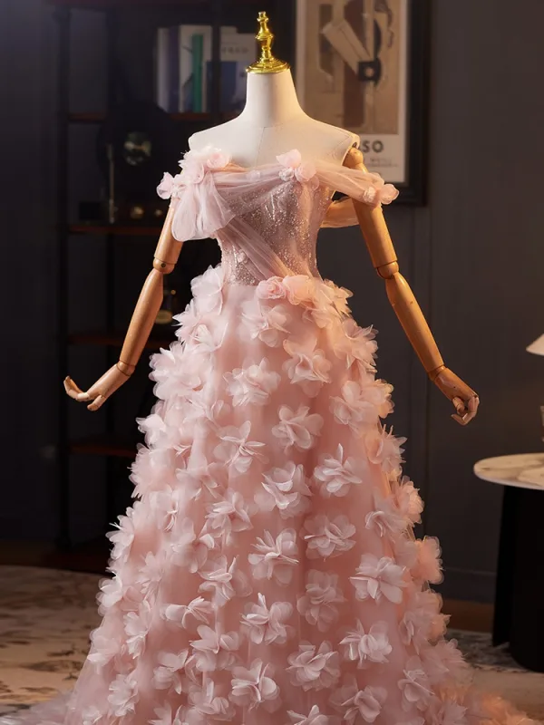 Luxury / Gorgeous Blushing Pink Beading Appliques Prom Dresses 2025 A-Line / Princess Off-The-Shoulder Sleeveless Backless Floor-Length / Long Prom Formal Dresses