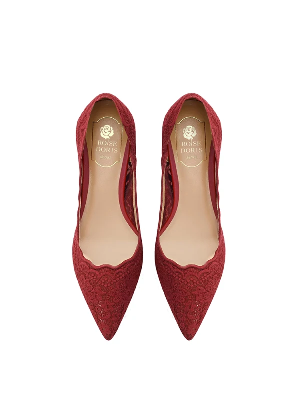 Elegant Burgundy Lace Flower Flat Wedding Shoes 2024 Leather Pointed Toe Wedding Pumps