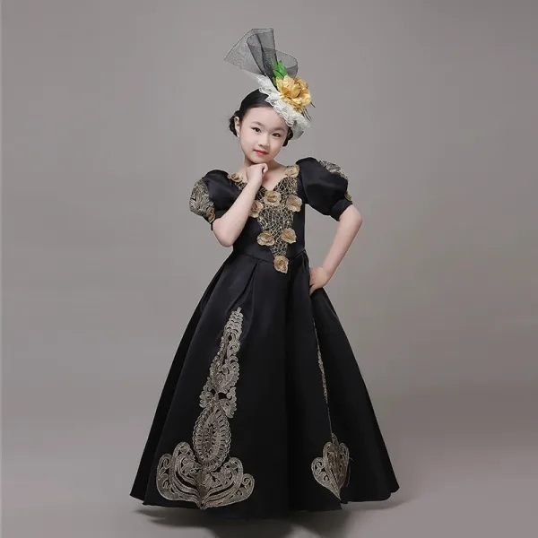 Vintage / Retro Medieval Black Flower Girl Dresses 2024 3D Lace Floral V-Neck Short Sleeve Floor-Length / Long A-Line / Princess Cosplay Prom Wedding Party Dresses