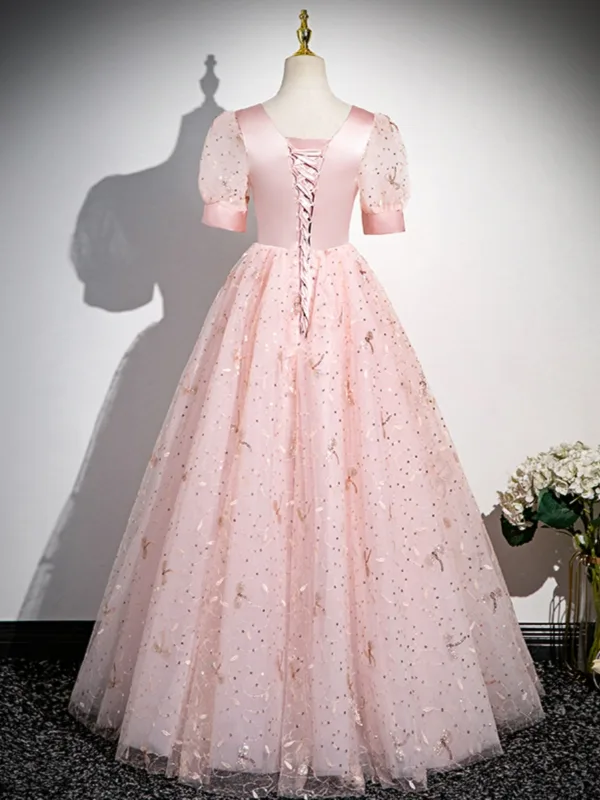 Chic / Belle Rougissant Rose Paillettes Robe De Bal 2024 Princesse Encolure Carrée Manches Courtes Dos Nu Longue Promo Robe De Ceremonie