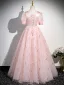 Chic / Belle Rougissant Rose Paillettes Robe De Bal 2024 Princesse Encolure Carrée Manches Courtes Dos Nu Longue Promo Robe De Ceremonie