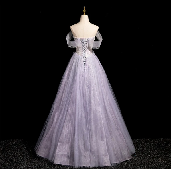 Charming Lavender Beading Pearl Sequins Prom Dresses 2024 Off-The-Shoulder A-Line / Princess Sleeveless Backless Floor-Length / Long Prom Formal Dresses