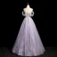 Charming Lavender Beading Pearl Sequins Prom Dresses 2024 Off-The-Shoulder A-Line / Princess Sleeveless Backless Floor-Length / Long Prom Formal Dresses