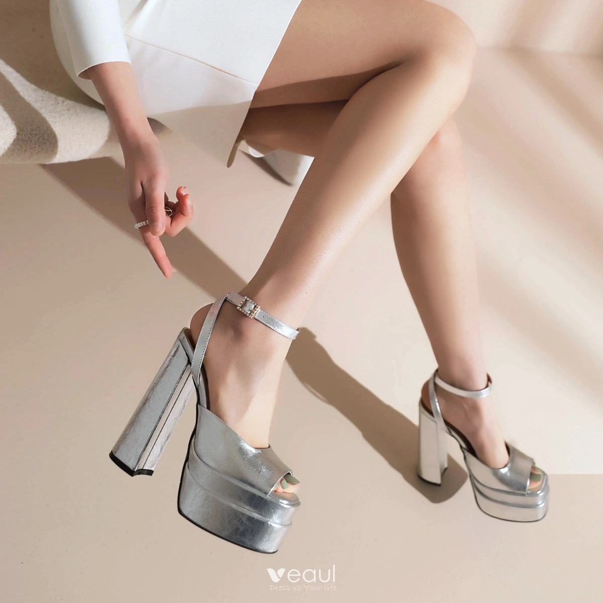 Sexy Silver Evening Party Womens Sandals 2023 Leather Ankle Strap 15 cm  Thick Heels Open / Peep Toe Sandals High Heels