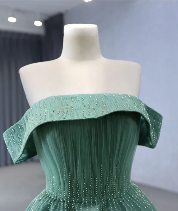 High-end Sage Green Beading Prom Dresses 2024 Ball Gown Off-The-Shoulder Sleeveless Backless Floor-Length / Long Prom Formal Dresses