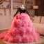 Unique Pink Fallende Rüsche Strass Ballkleider 2024 Ballkleid Rundhalsausschnitt Lange Ärmel Rückenfreies Kapelle-Schleppe Ball Festliche Kleider