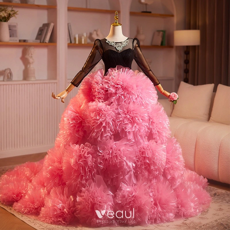 Amazing / Unique Candy Pink Cascading Ruffles Rhinestone Prom Dresses 2024  Ball Gown Scoop Neck Long Sleeve Backless Chapel Train Prom Formal Dresses