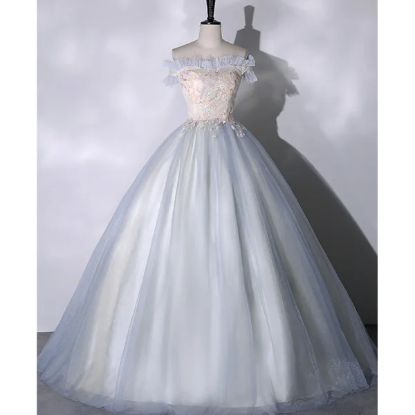 Elegant Sky Blue Sequins Prom Dresses 2023 Ball Gown Off-The-Shoulder Short Sleeve Backless Floor-Length / Long Prom Formal Dresses