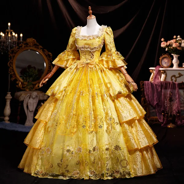 High-end Medieval Vintage / Retro Gold Cascading Ruffles Sequins Lace Flower Prom Dresses 2025 Ball Gown Square Neckline Bell sleeves Backless Floor-Length / Long