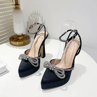 Sexy Noire Soirée Sandales Femme 2022 Faux Diamant Noeud Bride Cheville 11 Cm Talons Aiguilles À Bout Pointu Sandales Talons Hauts