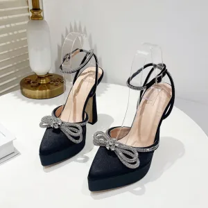 Sexy Schwarz Abend Sandalen Damen 2022 Strass Schleife Knöchelriemen 11 Cm Stilettos Spitzschuh Sandaletten Hochhackige