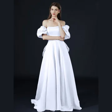 Elegant Ivory Satin Prom Dresses 2022 A Line Princess Square Neckline Puffy Short Sleeve Backless Bow Floor Length Long Formal Dresses