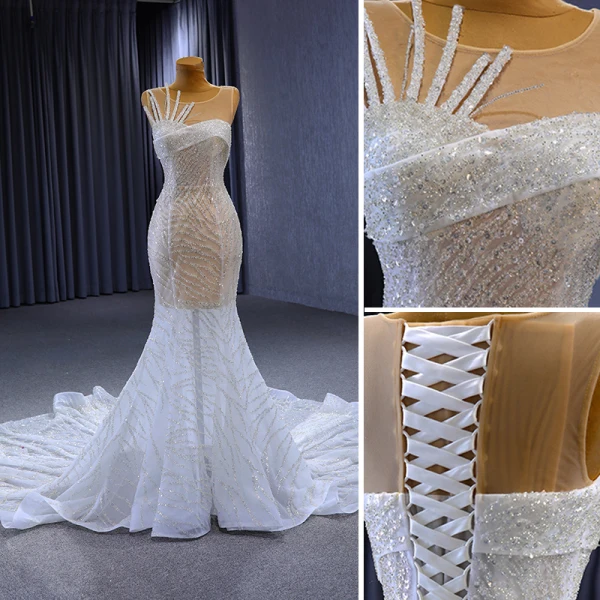 High-end Charming White Glitter Sequins Wedding Dresses 2023 Trumpet / Mermaid Scoop Neck Sleeveless Chapel Train Wedding
