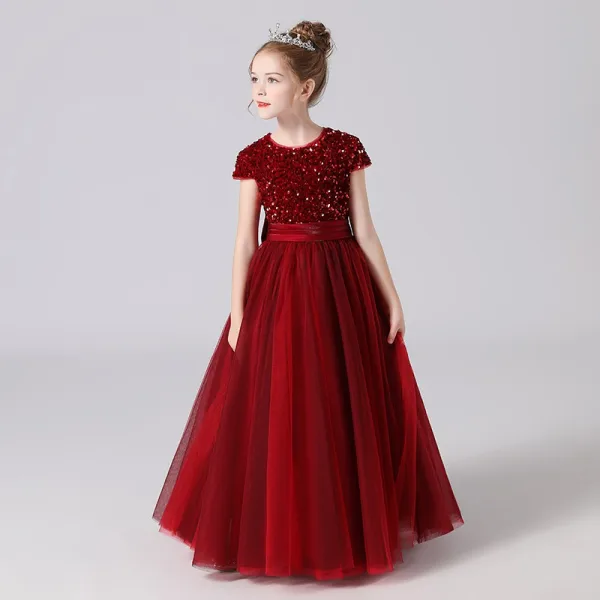 Chic / Beautiful Grey Sequins Birthday Flower Girl Dresses 2024 A-Line / Princess Scoop Neck Short Sleeve Bow Sash Floor-Length / Long