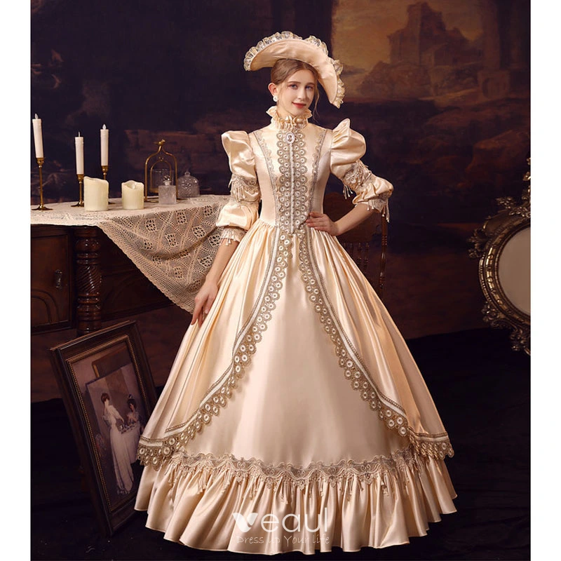 Vintage / Retro Medieval Champagne Prom Dresses 2022 Ball Gown High Neck Puffy 1/2 Sleeves Lace Flower Floor-Length / Long Formal Dresses Vintage / Retro Medieval Champagne Prom Dresses 2022 Ball Gown High Neck Puffy 1/2 Sleeves Lace Flower Floor-Length / Long Formal Dresses