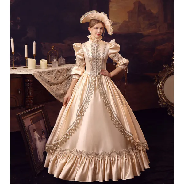 Vintage / Retro Medieval Champagne Prom Dresses 2022 Ball Gown High Neck Puffy 1/2 Sleeves Lace Flower Floor-Length / Long Formal Dresses