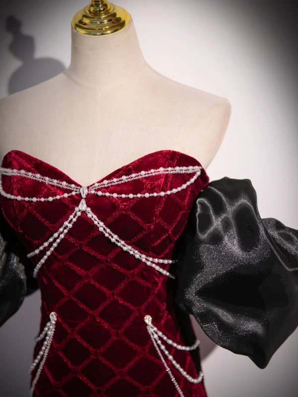 Sexy Burgundy Beading Pearl Evening Dresses 2024 Trumpet / Mermaid Strapless Puffy Short Sleeve Backless Floor-Length / Long Evening Party Formal Dresses