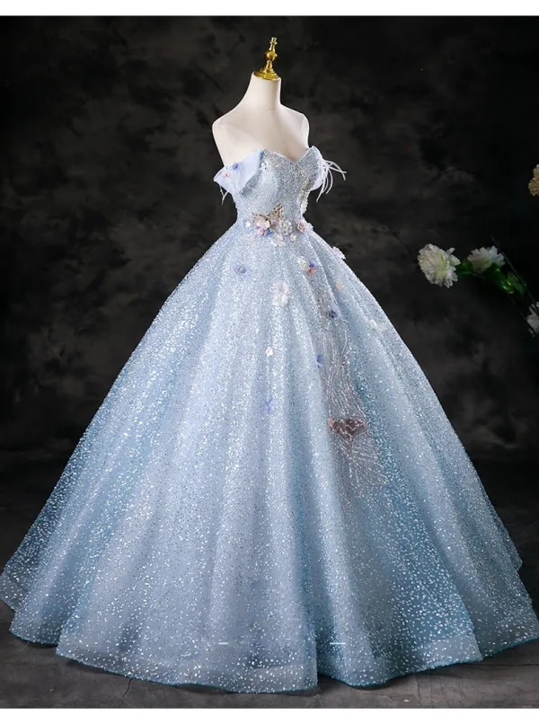 Bling Bling Sky Blue Beading Appliques Sequins Prom Dresses 2025 Ball Gown Off-The-Shoulder Sleeveless Backless Floor-Length / Long Formal Dresses