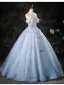 Bling Bling Sky Blue Beading Appliques Sequins Prom Dresses 2025 Ball Gown Off-The-Shoulder Sleeveless Backless Floor-Length / Long Formal Dresses