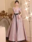 Chic / Beautiful Blushing Pink Sequins Bow Sash Prom Dresses 2024 A-Line / Princess Square Neckline Short Sleeve Backless Floor-Length / Long Prom Formal Dresses