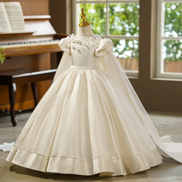 Elegant Ivory Appliques Glitter Rhinestone Birthday Flower Girl Dresses 2025 With Cloak Ball Gown Scoop Neck Puffy Short Sleeve Sweep Train