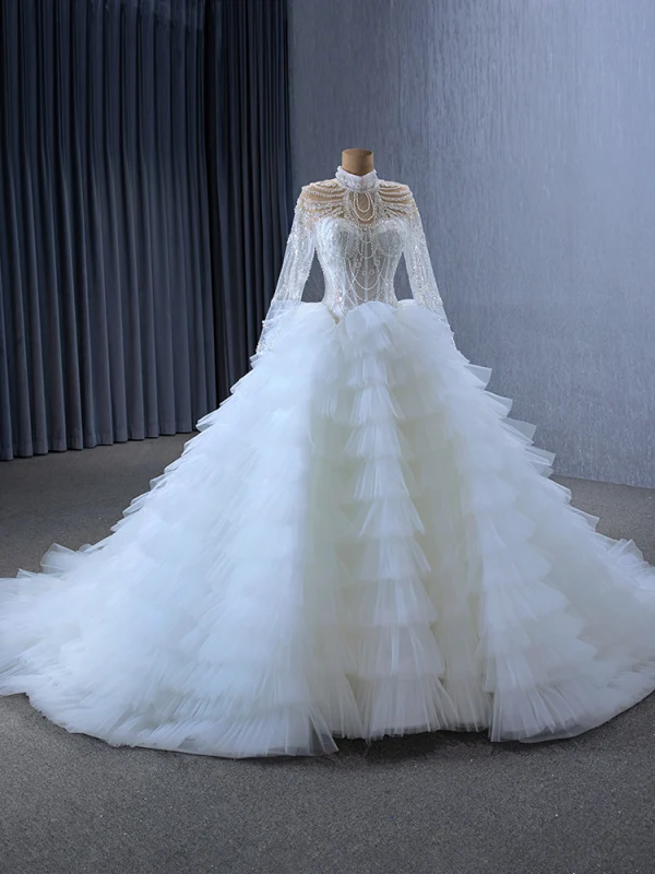 Luxury / Gorgeous White Handmade  Beading Rhinestone Sequins Cascading Ruffles Wedding Dresses 2024 Ball Gown High Neck Long Sleeve Chapel Train Wedding
