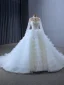 Luxury / Gorgeous White Handmade  Beading Rhinestone Sequins Cascading Ruffles Wedding Dresses 2024 Ball Gown High Neck Long Sleeve Chapel Train Wedding
