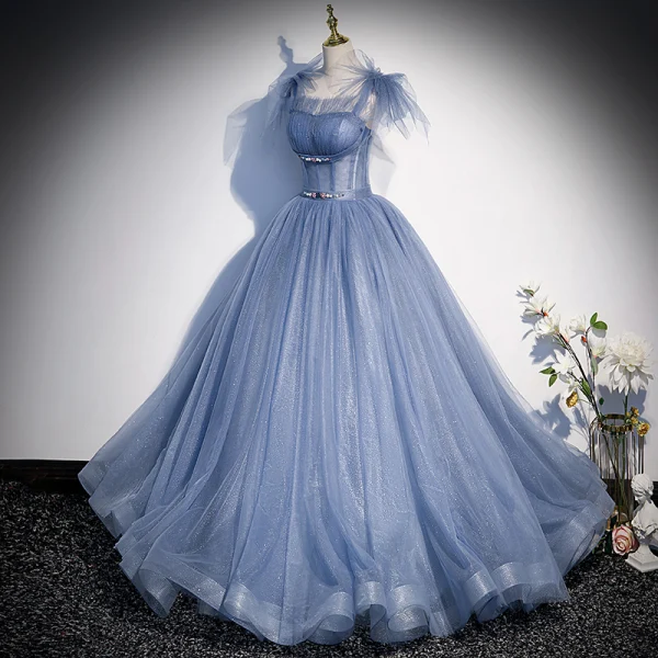 Chic / Beautiful Sky Blue Rhinestone Pearl Sequins Prom Dresses 2022 A-Line / Princess Square Neckline Sleeveless Backless Floor-Length / Long Prom Formal Dresses