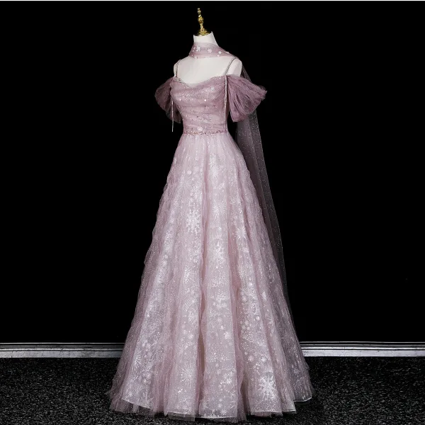 Charming Blushing Pink Beading Rhinestone Sequins Prom Dresses 2026 A-Line / Princess Off-The-Shoulder Short Sleeve Backless Floor-Length / Long Formal Dresses