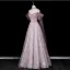 Charming Blushing Pink Beading Rhinestone Sequins Prom Dresses 2026 A-Line / Princess Off-The-Shoulder Short Sleeve Backless Floor-Length / Long Formal Dresses