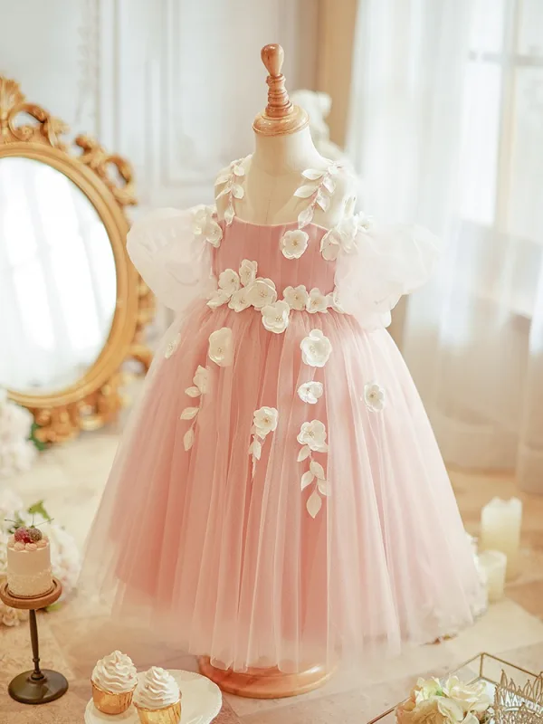 Flower Fairy Blushing Pink Appliques Birthday Flower Girl Dresses 2024 Ball Gown Spaghetti Straps Short Sleeve Backless Floor-Length / Long Tulle