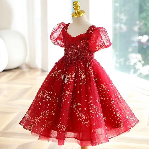 Chic / Beautiful Red Beading Star Sequins Lace Flower Birthday Flower Girl Dresses 2023 Ball Gown Square Neckline Short Sleeve Backless Floor-Length / Long Flower Girl Dresses