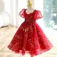 Chic / Beautiful Red Beading Star Sequins Lace Flower Birthday Flower Girl Dresses 2023 Ball Gown Square Neckline Short Sleeve Backless Floor-Length / Long Flower Girl Dresses
